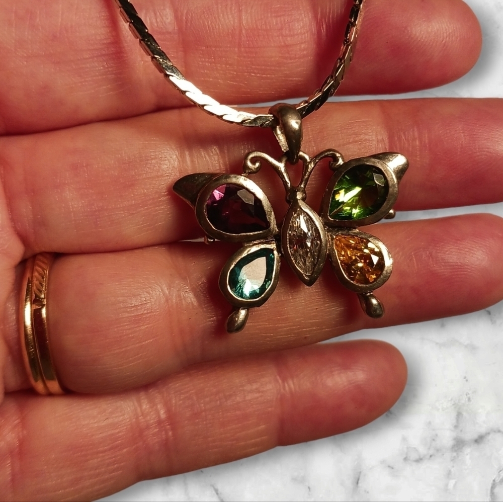Avon Chain w/ 925 Butterfly Colored Glass Silver Pendant Colorful Fairy Necklace - Picture 2 of 3